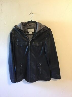 Nine West Black Leather Hooded Jacket